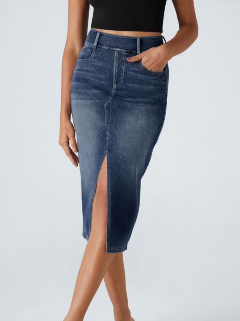 Halara Flex High Waisted Blue Denim Midi Skirt
